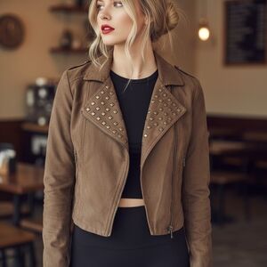 Gianni Bini Brown Vegan Suede Studded Moto Jacket